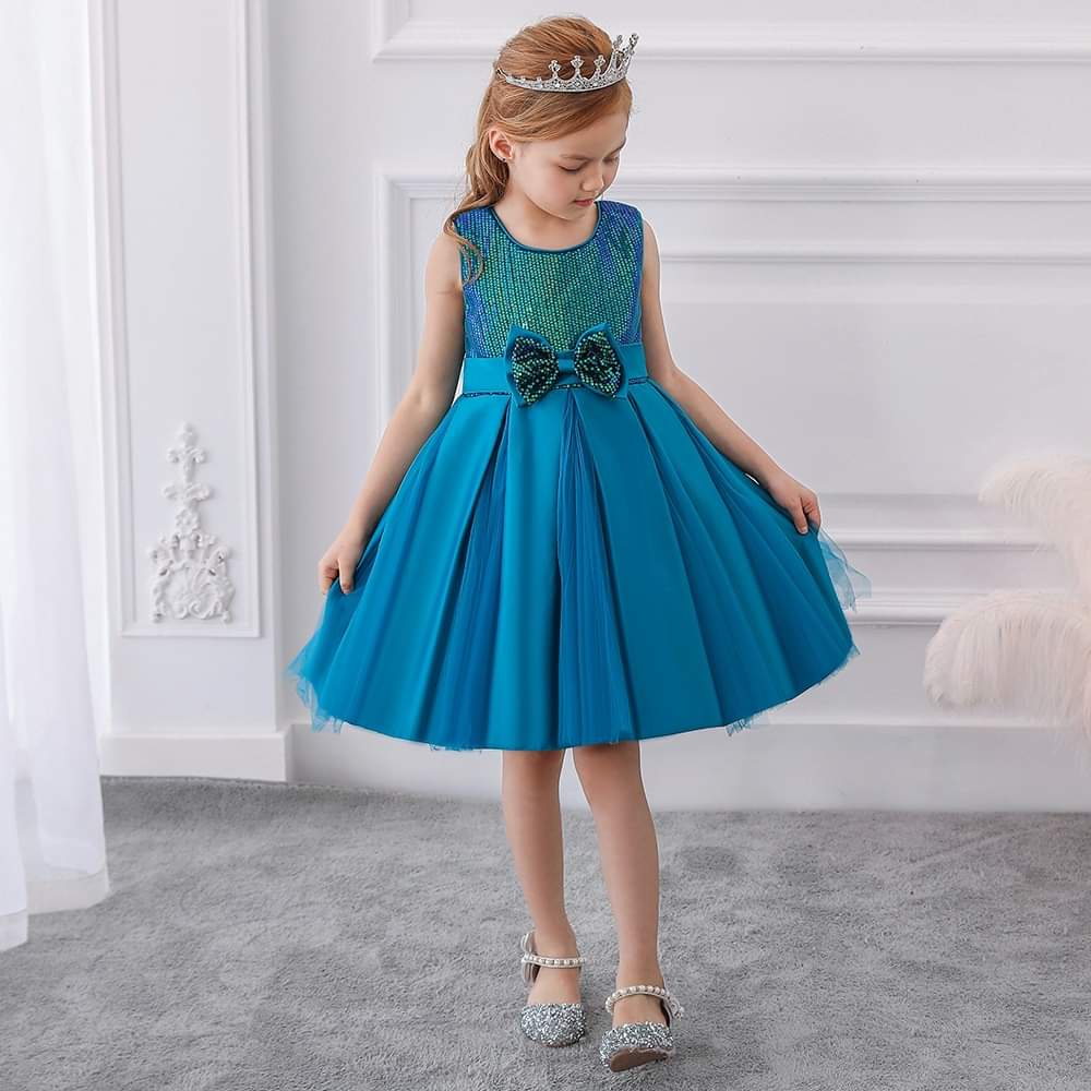 Dress Anak Perempuan Warna BIru Pita Pinggang Gaun PEsta Anak Mewah Blue Impor Ribbon