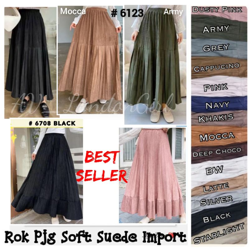 London Girl Rok Suede Plisket Import Panjang 95 cm Super Premium Wanita Grosir Ecer 6708 6123 6901/ 