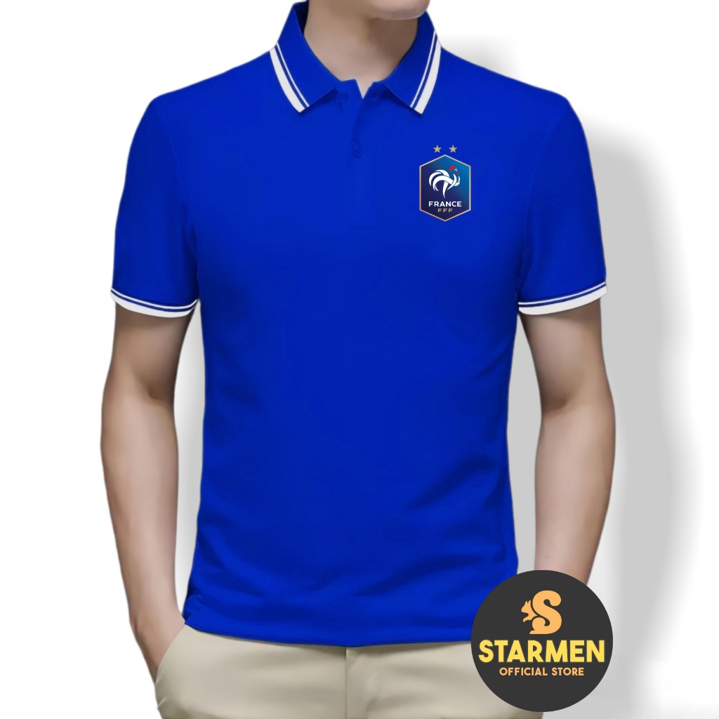 Kaos Polo Shirt Pria Kerah List Putih logo FRANCE