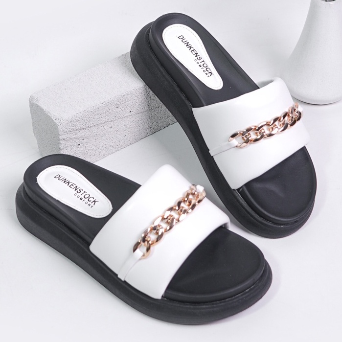 LAPEPA YUK - Dunkenstock LEONA Sandal Wanita Tinggi 5cm Size 36 - 40 Selop Tidak Licin Sendal Beleza Wedges Slop Birken Rumah Belezza 37 38 39 Warna White Putih Belleza Kekinian Premium Terbaru Shoes Ori Original Mall Official Store