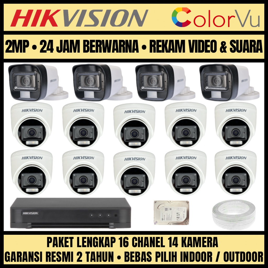 PAKET CCTV HIKVISION COLORVU 2MP 16 CHANNEL 14 CAMERA KAMERA CCTV COLORFUL