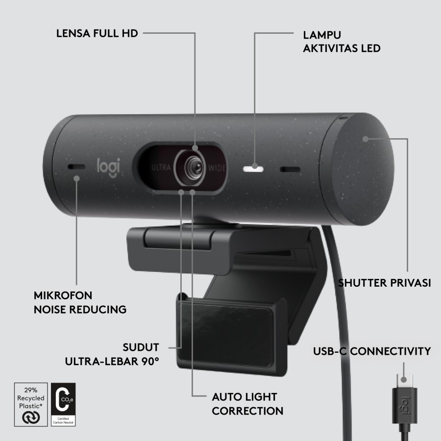 Logitech Brio 500 Webcam Full HD HDR dan Noise Cancelling