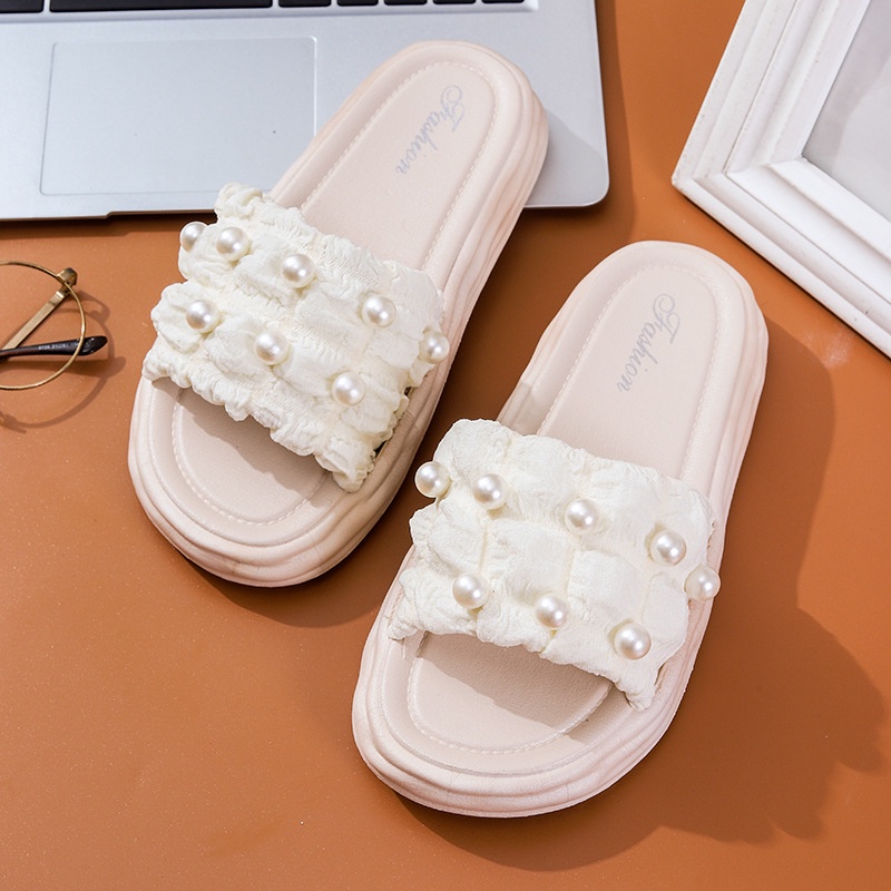 Sandal Slop Flat Sandal Wanita Slip On Fashion Style Motif Mutiara Sandal Kasual Nyaman Lentur Empuk PVC Satu7an SPT-36