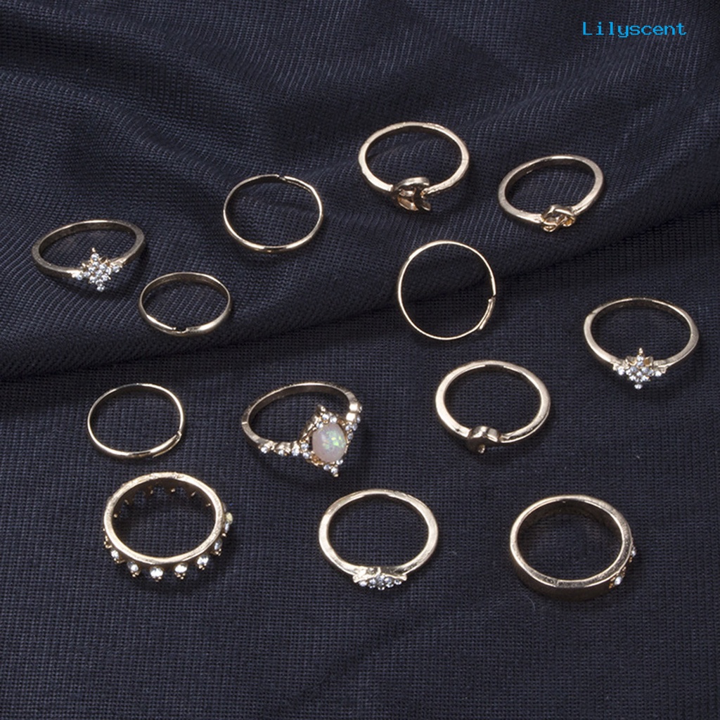 [LS]13Pcs /Set Cincin Fashion Bersinar Berlian Imitasi Mahkota Bulan Bintang Knuckle Ring Untuk Pesta