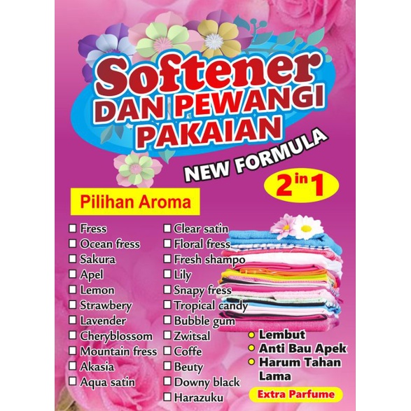 Softener / Pelembut dan Pewangi Pakaian aneka aroma wangi segar kemasan botol PET 250 ml