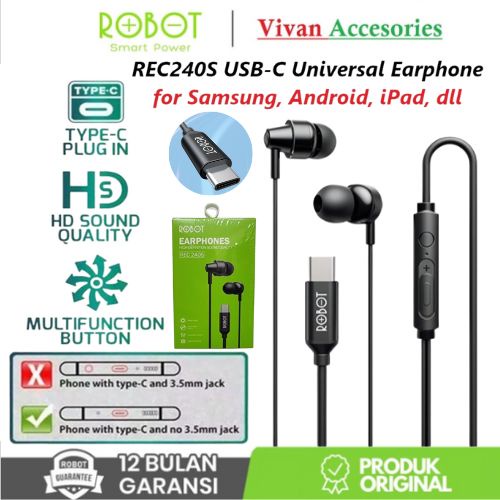 Robot REC240S USB-C Headset TYPE-C Earphone Bass For All HP /Universal