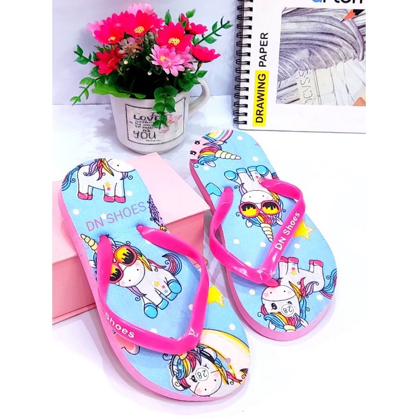 Sandal Anak Perempuan Sandal Jepit Anak Cewek Sandal Flat Anak Cewe Motif Unicorn Biru Lucu