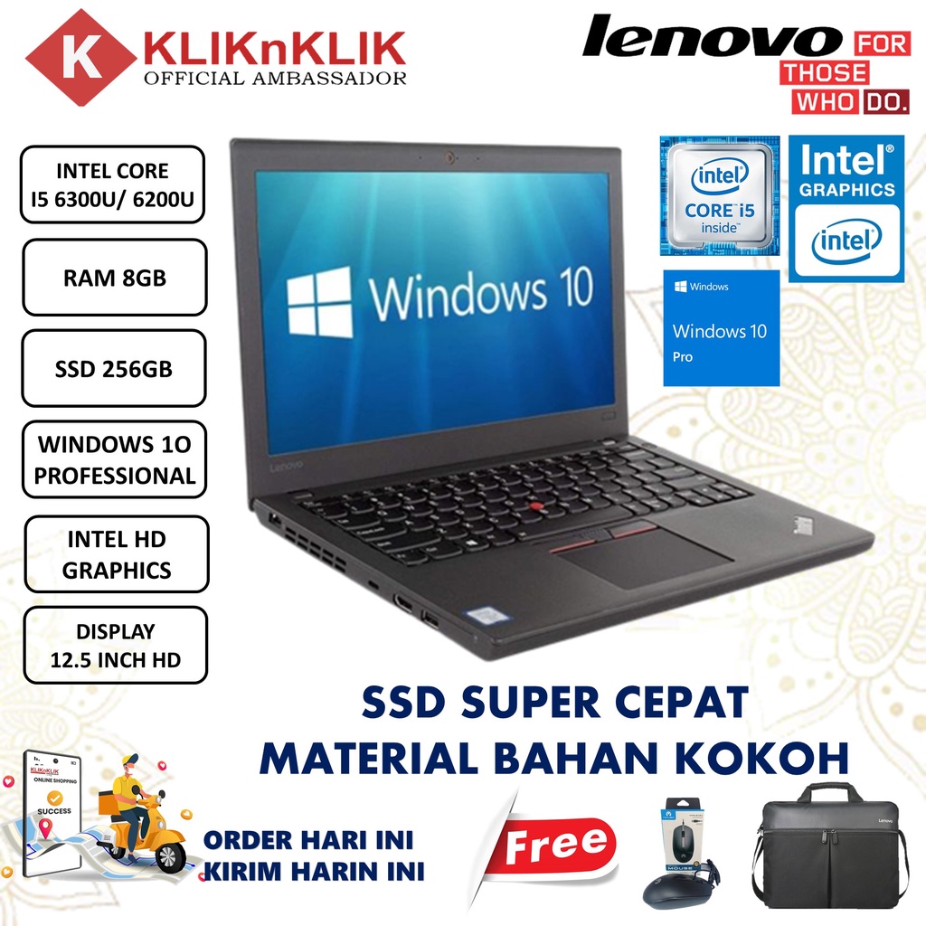 Laptop Murah Lenovo Thinkpad X270 Intel Core I5 6300U 8GB 256GB SSD 14 HD Windows 10 Professional Balck Second Terlaris