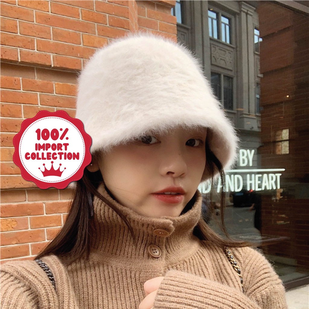 RUMI BUCKET Hat Topi Bahan Plush Bulu Kelinci Halus Hangat Tebal Motif Polos Trendy Wanita Pria Remaja Korean Style By Chikoisme NR