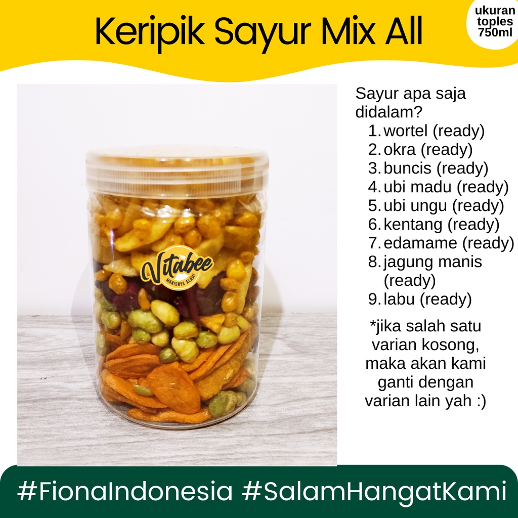 

Kripik Keripik Sayur Mix Toples 750 ml (Wortel, Buncis, Okra, Labu, Edamame, Ubi Ungu, Ubi Madu, Kentang, Jagung Manis)