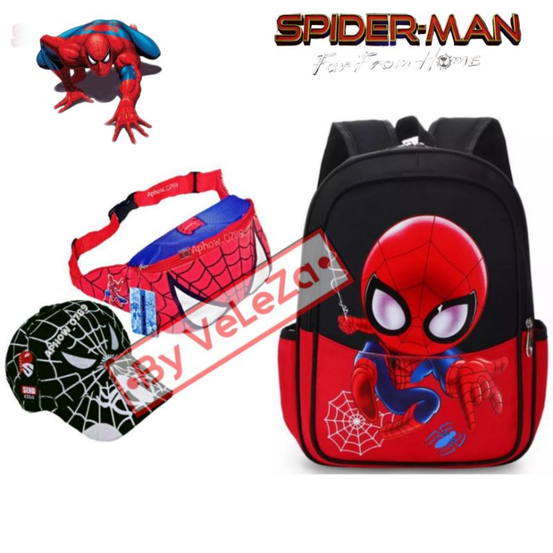 Tas ransel anak karakter superhero spiderman canvas 3in1 - tas + waistbag + jam tangan - tas anak