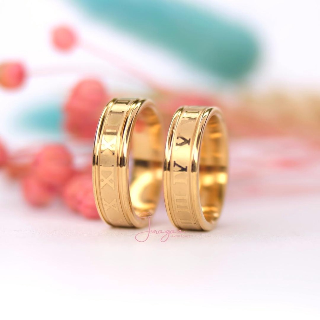 GRATIS CETAK NAMA Cincin Couple Pasangan Titanium Romania Gold Anti Karat Pria Wanita M71