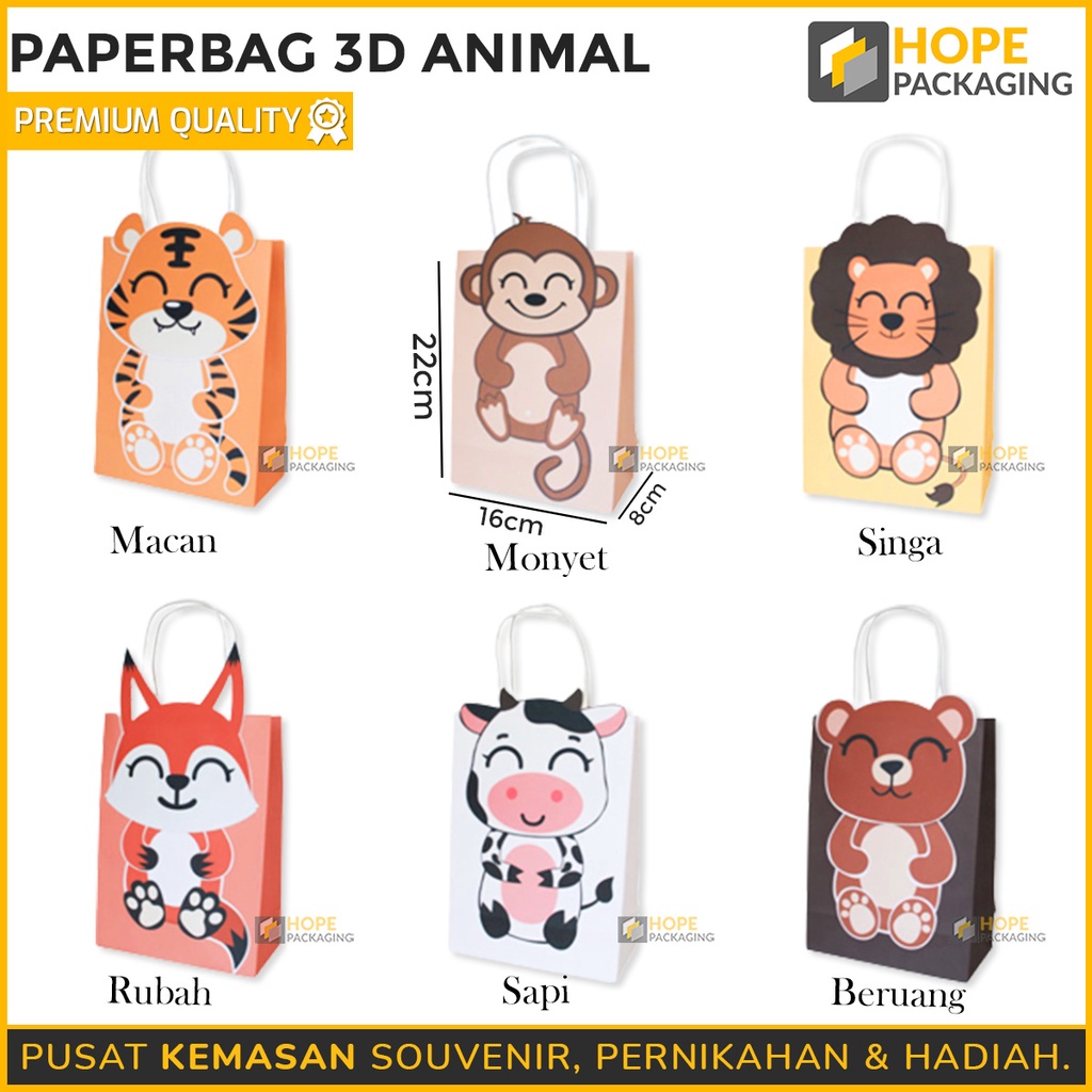 Paperbag 3D Motif Animal Kado / Hadiah Ulang Tahun / kantong snack kue souvenir ultah paper bag gift anak karakter hewan lucu