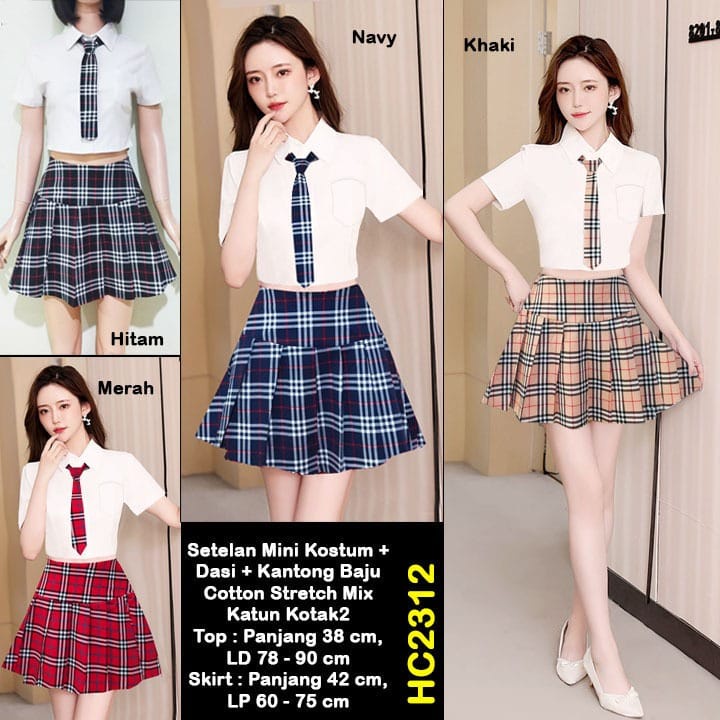 HC2312 Setelan Mini Kostum + Dasi+ Kantong Baju Cotton Stretch Premium Motif Kotak / Kostum Karakter / Costum Mini / Dress Sekolah / Kostum Sekolah