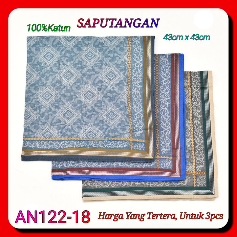 3pcs Sapu Tangan AN122 43cm x 43cm Katun Import