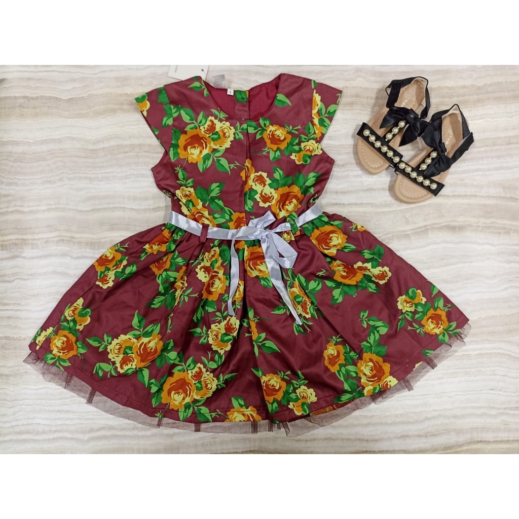 DRESS SATIN MOTIF BUNGA /DRESS ANAK PEREMPUAN SATIN #04227