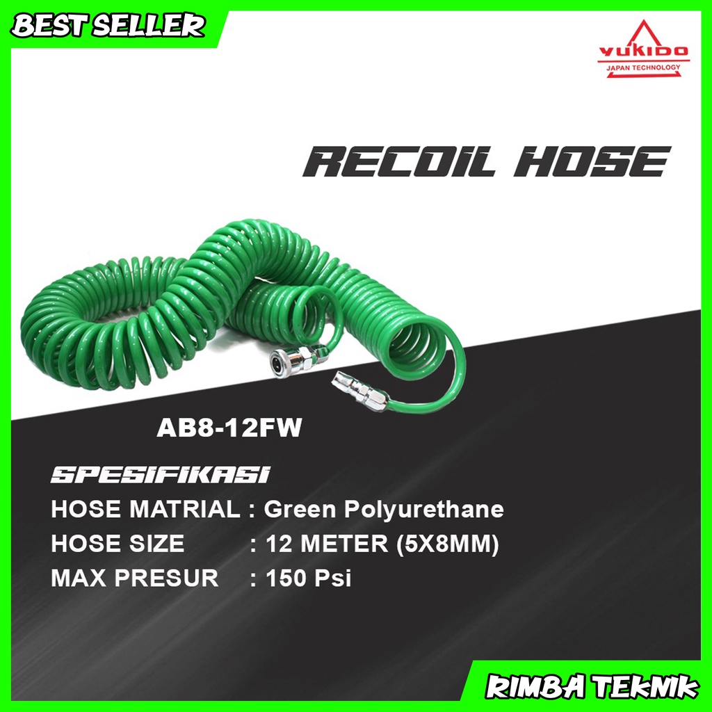 Selang Kompresor PU Recoil Hose Selang Compressor Sepiral 12 Meter Hijau Yukido Termurah