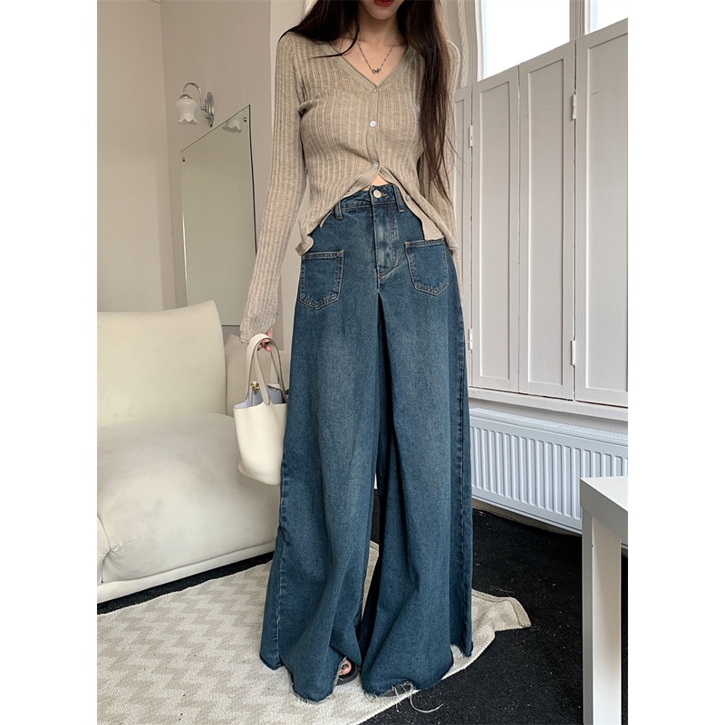 ₪℗✥Suhao Biru Retro Jeans Wanita High Waist Longgar Drape Mengepel Celana Musim Gugur 2022 Baru Lebar Kaki Baku tepi Celana