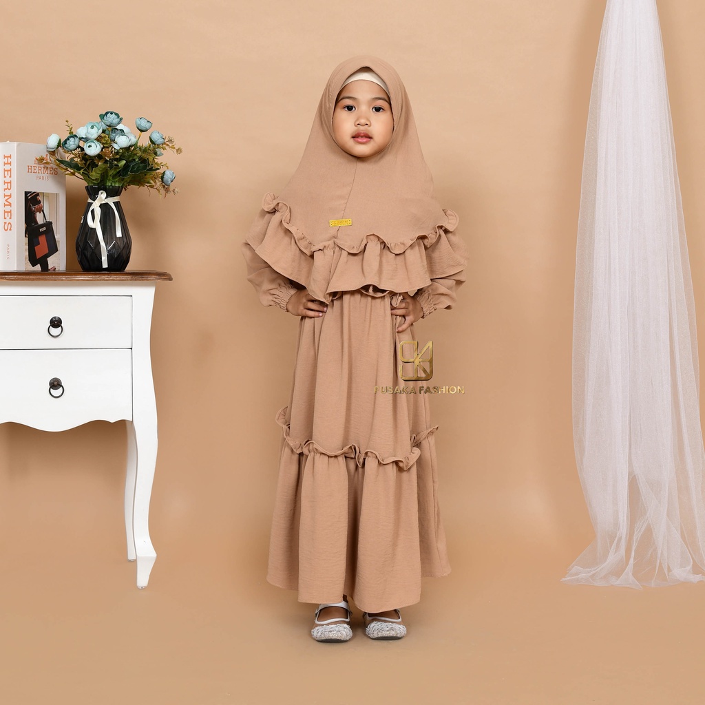 JIIRA baju gamis syari anak perempuan cringkle fashion muslim terbaru  FREE hijab khimar modern dres stelan kerudung serut susun 4 - 9 tahun manasik mengaji maulid nabi warna putih tulang hitam bata lilac lemon pink fuchia moca sagr green olive kekinian