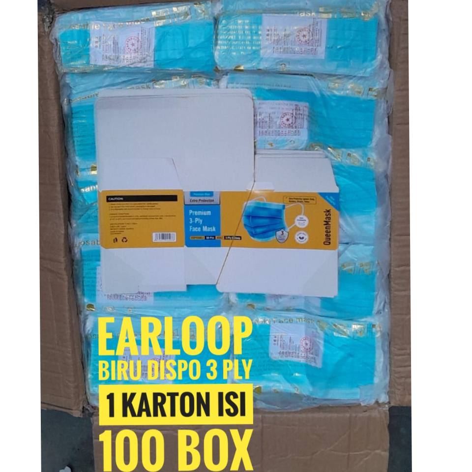 Masker Earloop Biru QueenMask 3 ply 1 karton Isi 100 Box