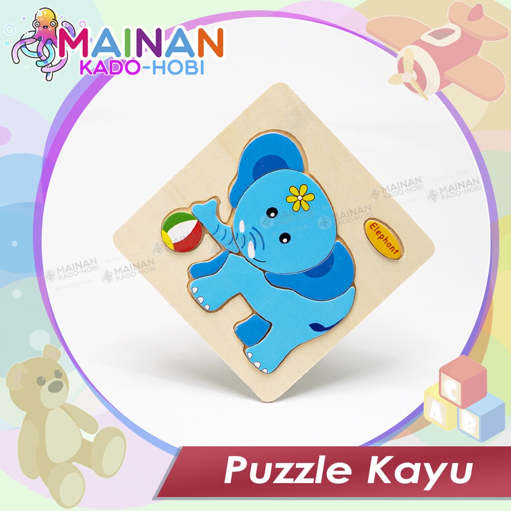 MAINAN ANAK MENGASAH OTAK PUZZLE KAYU JIGSAW PUZZLE KARAKTER ELEPHANT GAJAH