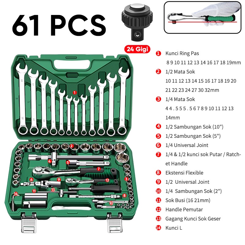 Isku Kunci Shock Set Alat Kunci Pas 61 pcs 24gigi Kunci Torsi Tool Set