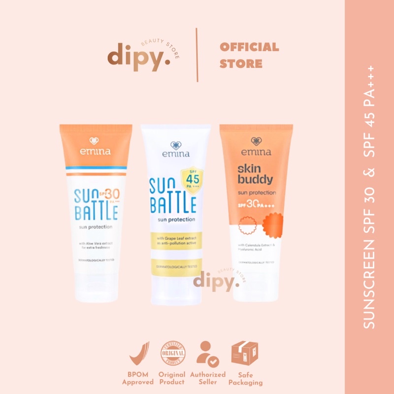 EMINA - Sun Protection Battle Sunscreen SPF 30 dan 45 PA+++ Skin Buddy SPF 30 PA+++ Skincare Sunblock Tabir Surya Pelindung Kulit Wajah Sinar Matahari Anti UVA UVB Aman Semua Jenis Kulit All Skin Type No White Cast Formula Ringan Viral BPOM