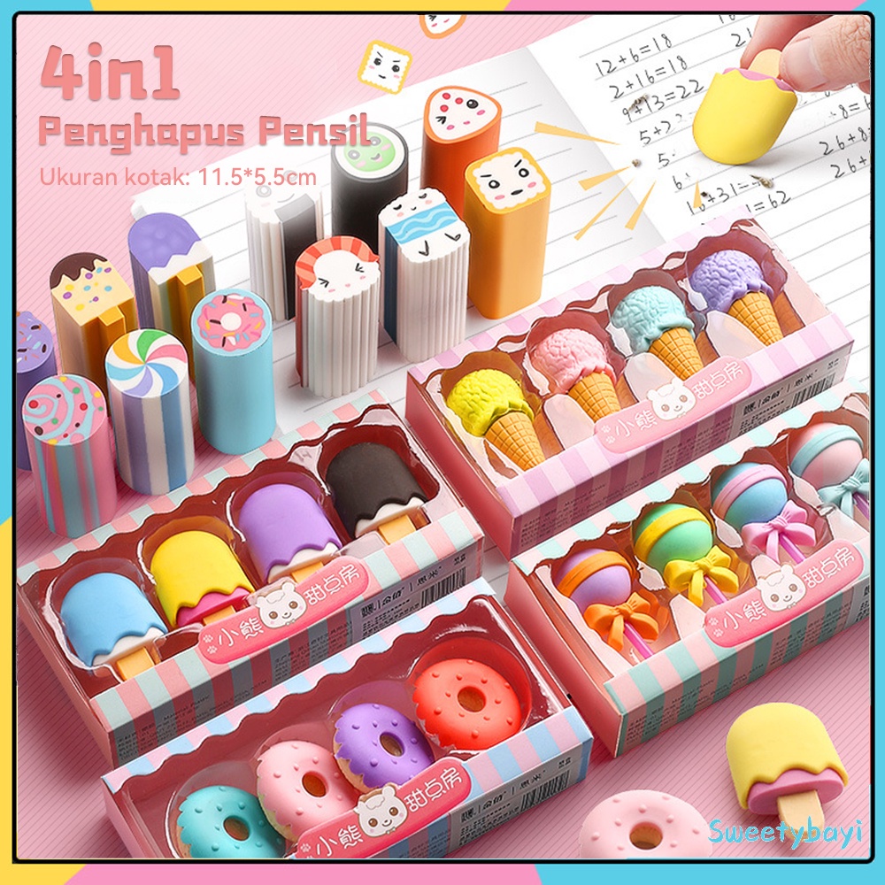 Sweetybayi 4pc Penghapus pensil hapusan eraser penghapus set lucu box mika