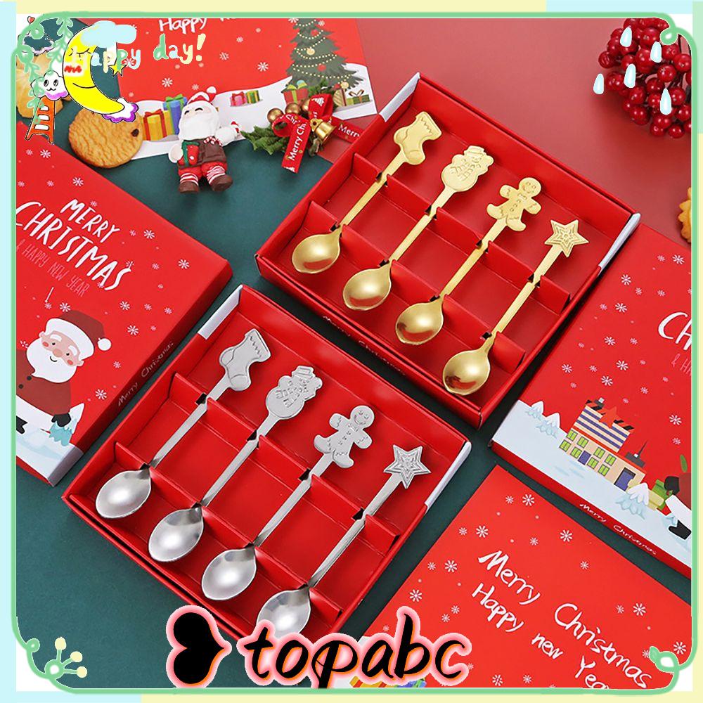 Top 4 Pcs Natal Sendok Desserts Xmas Perlengkapan Stainless Steel Gingerbread Man Tea Scoop