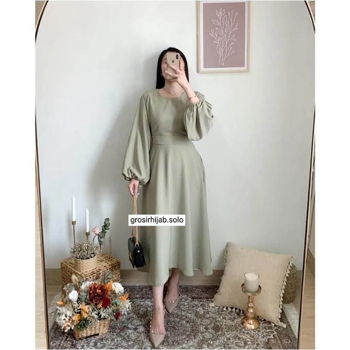 (DBY) GAMIS MIDI REBECCA DRESS LENGAN BALON ATASAN WANITA CRINCLE AIRFLOW