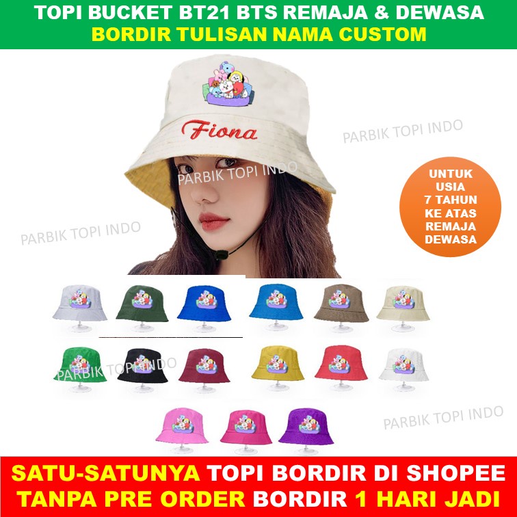 Bucket Dewasa BT21 BTS Topi KOREA Custom Bordir Nama Untuk Remaja Usia 7 Tahun ke atas