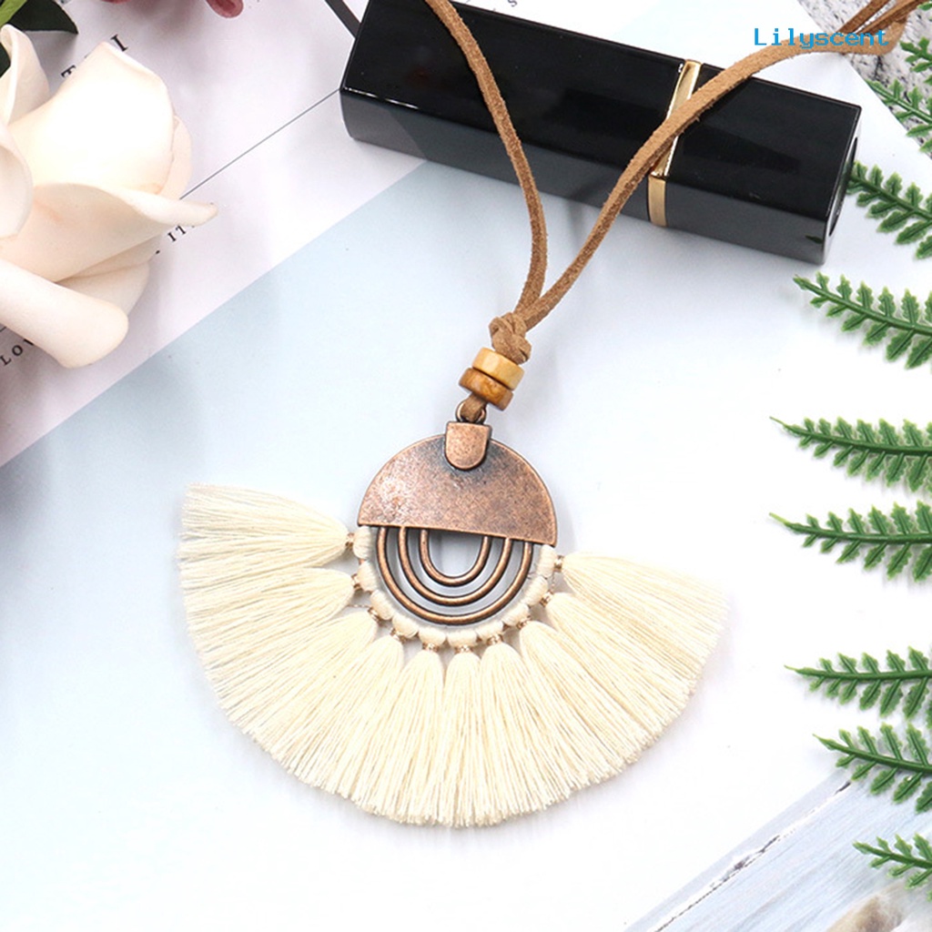 [LS] Bohemian Gaya Etnik Kalung Alloy Berbentuk Kipas Benang Katun Rumbai Wanita Necklace Perhiasan Aksesoris