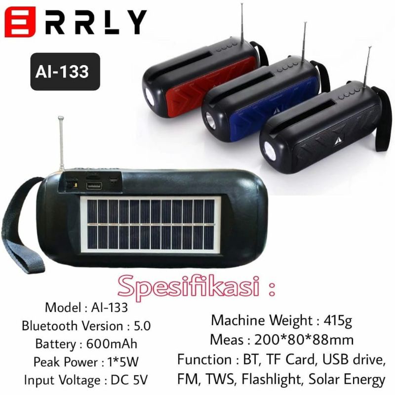 Speaker Solar / Senter Bluetooh Wireless Portable Al-133 Speaker Solar Recharge Panel Surya Antena Radio