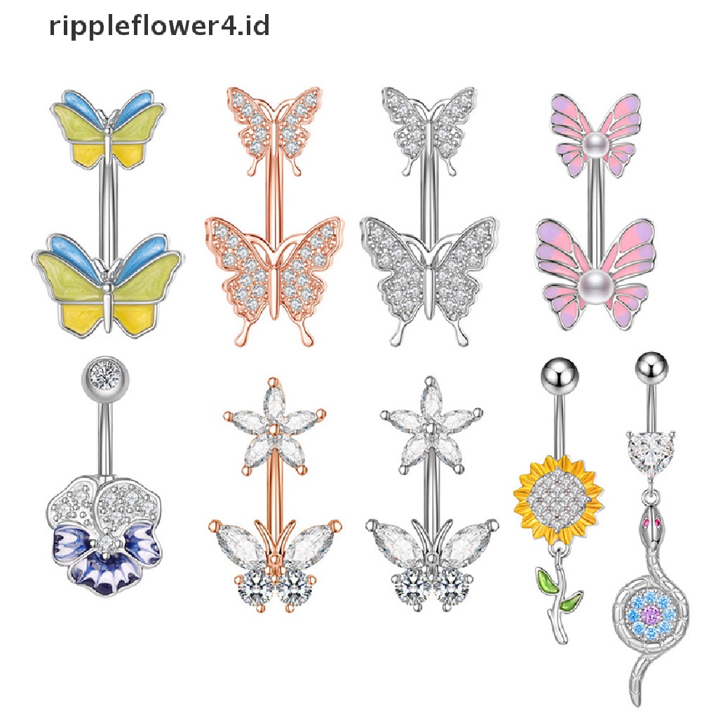 {rippleflower4.id} Butterfly Belly Button Ring Surgical Steel Navel Ring Perhiasan Aksesoris Untuk Gadis Wanita Hadiah Indah~