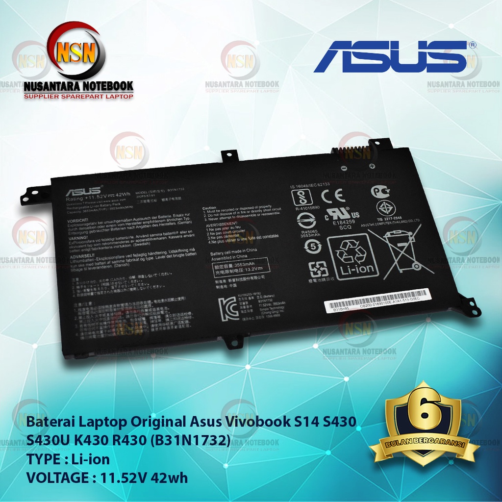 Baterai Original Asus Vivobook S14 S430 S430U (B31N1732) 11.52V 42Wh