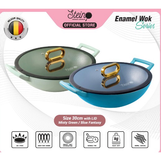 Stein Cookware - Non-Stick Cast Iron Enamel Wok 30cm with Lid