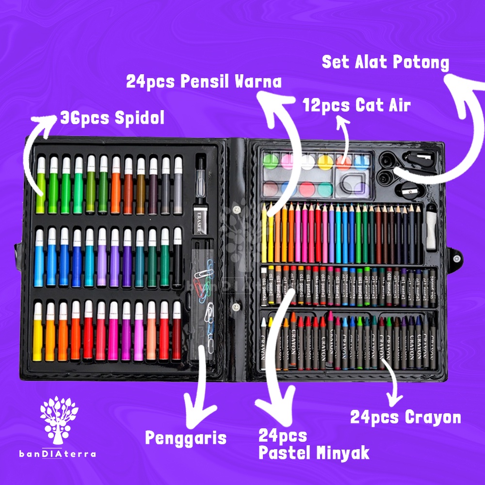 Bandiaterra 150 IN 1 ART SET/Alat Gambar &amp; Lukis / Crayon, Spidol, Pensil Warna, Cat Set