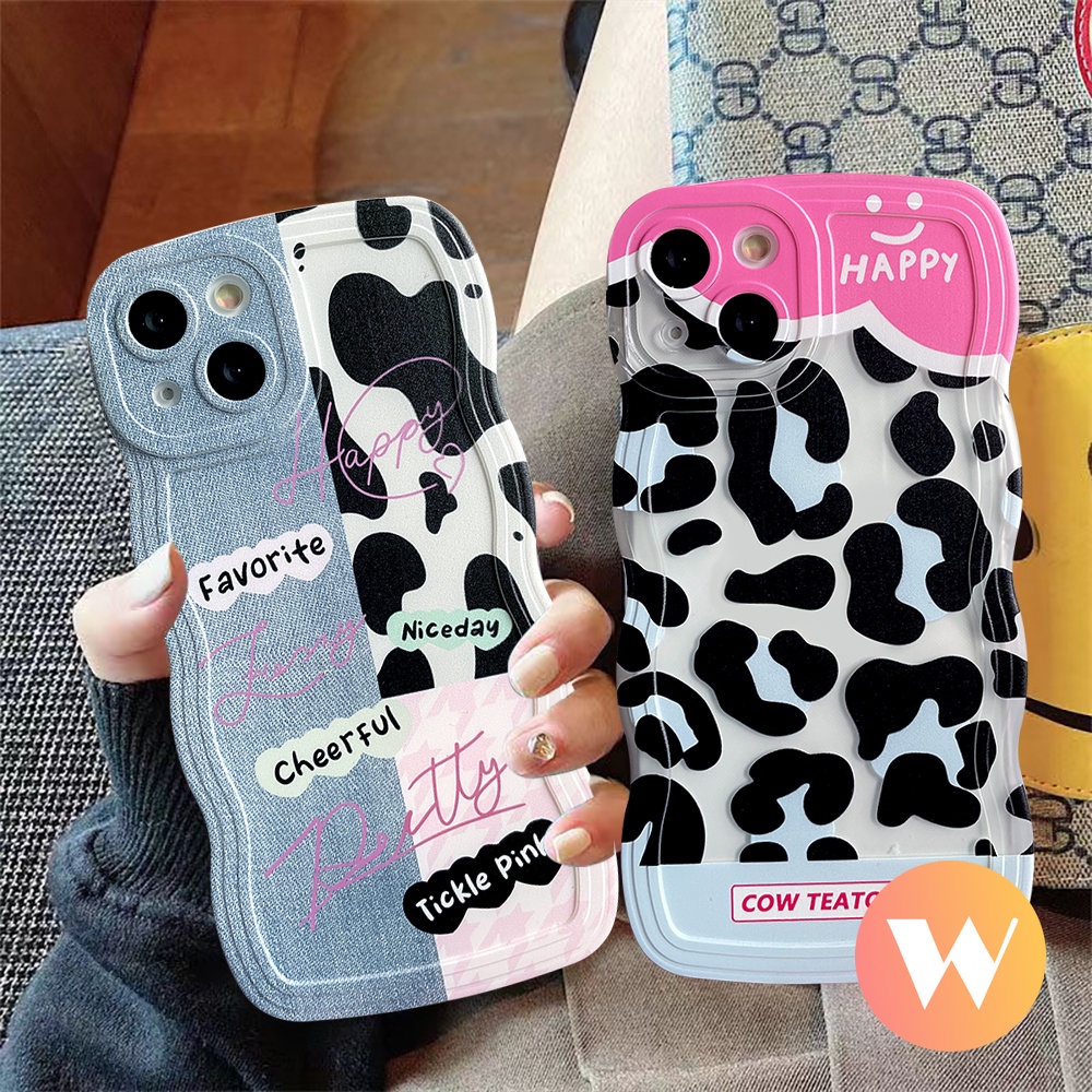 IPHONE Fashion Leopard Print Soft Tpu Case Kompatibel Untuk Iphone11 Pro Max XR 7Plus X XS Max7 8 6s 6 14 Plus 12 11 13 14 Pro Max SE 2020 Denim Patch Splicing Lucu Smiley Cover