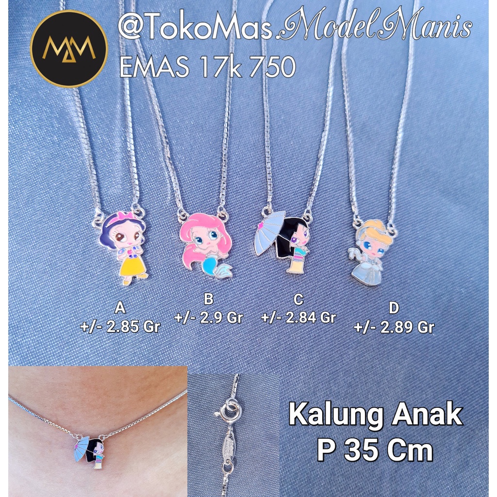 Kalung Princess Disney santa italy emas putih 750 kadar 17k