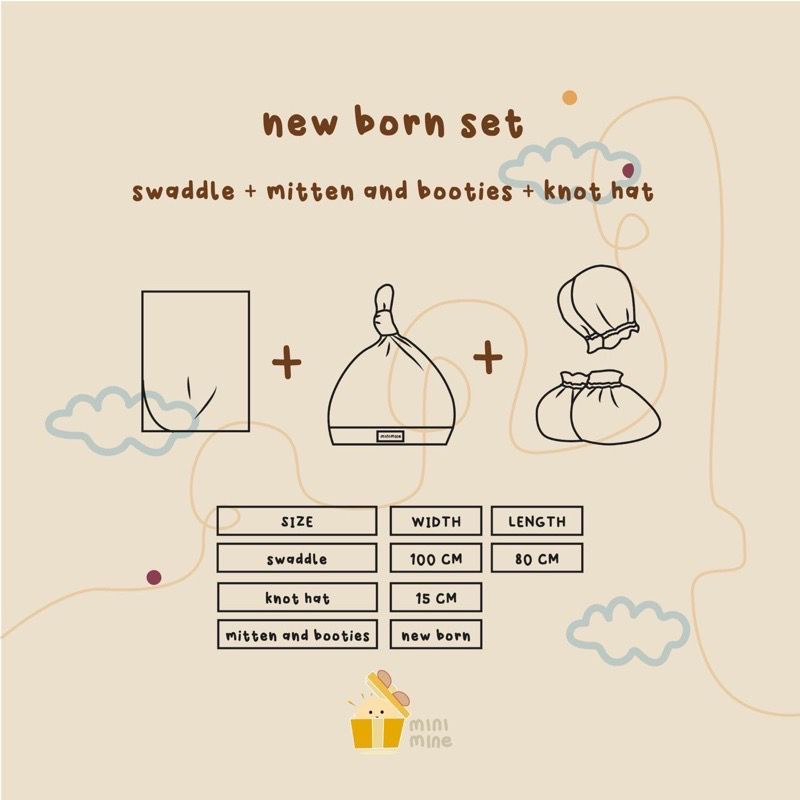 Minimine - New Born Set / berisi bedong sarung tangan kaki topi / swaddle set bayi baru lahir / set hadiah lahiran / hampers lahiran / selimut bayi