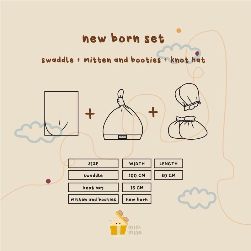 Minimine - New Born Set / berisi bedong sarung tangan kaki topi / swaddle set bayi baru lahir / set hadiah lahiran / hampers lahiran / selimut bayi