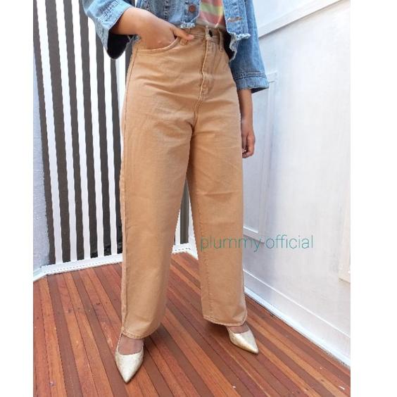 (P>5W❤) Celana Kulot Jeans Unfinished Latte Wanita Rawis Pastel Cream Highwaist Fashion terviral