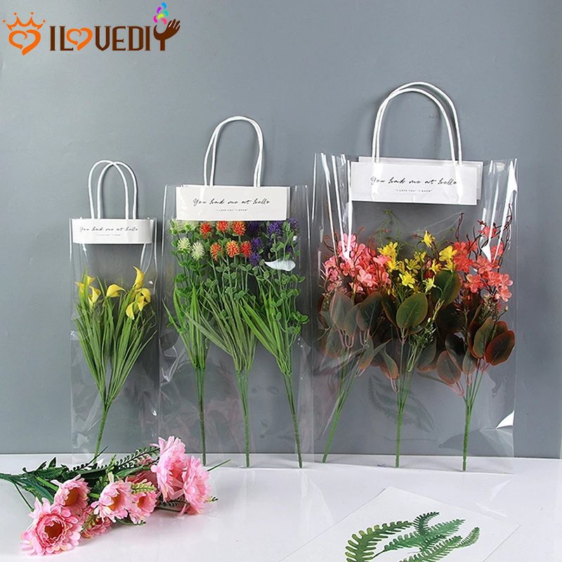 1pc PVC Clear Bag Flower Bouquet Bagging Tas Hadiah Transparan Untuk Pernikahan Valentine Day PVC Gift Bags Tote Panjang Untuk Kolokasi Packaging Portable Florist Dekorasi