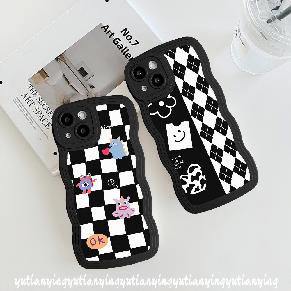 IPHONE Casing Kotak Kotak Kotak-Kotak Berlian Papan Catur Kompatibel Untuk Iphone11 14 13 12 Pro Max6 6s 8 7 Plus 14Plus XR X XS Max SE 2020 Kartun Monster Kecil Lembut TPU Bergelombang Penutup Tepi