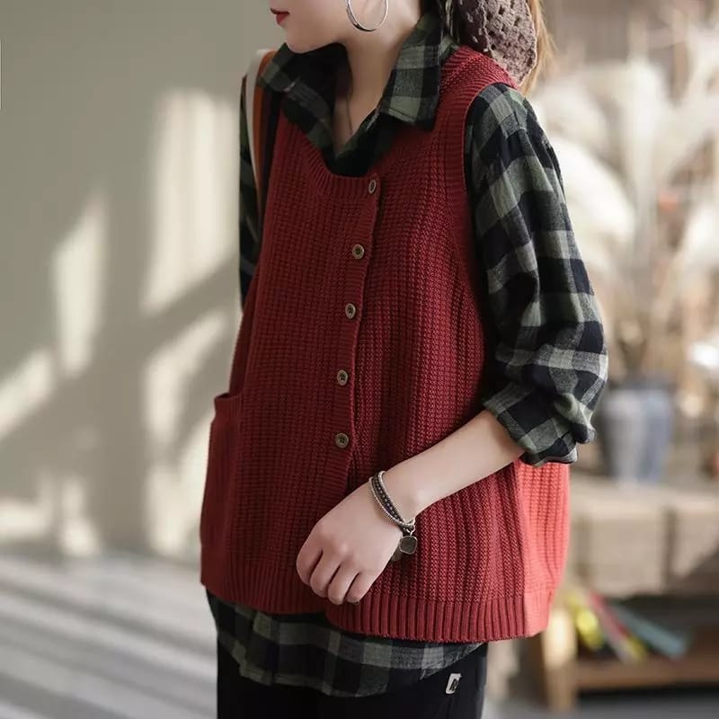 Vest Rompi Wanita Kancing Samping Rajut Tebal Premium Knit