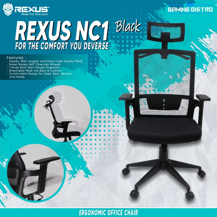 Kursi Rexus Ergonomic Office Chair Nc1 - Kursi Kantor Kerja Rexus Nc1 Black