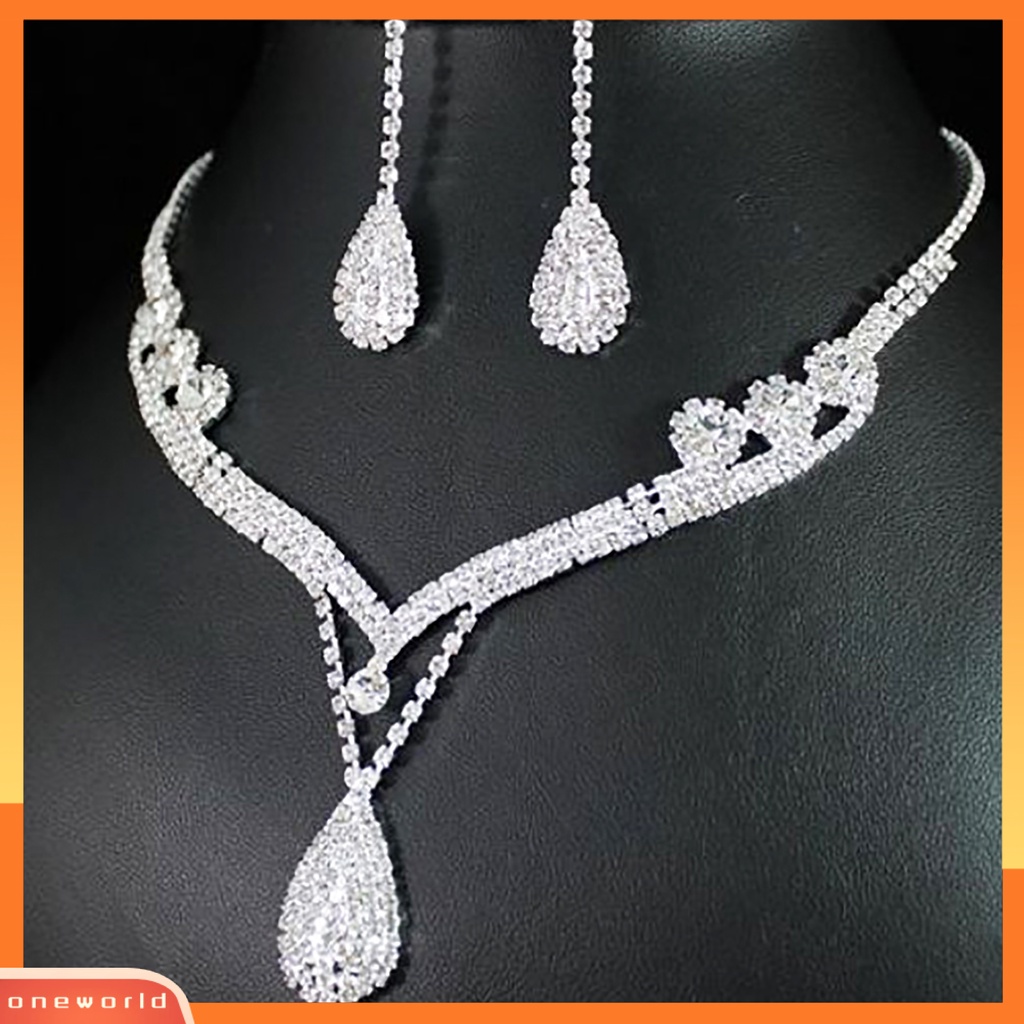 Set Anting Kalung Pernikahan Pengantin Tetesan Air Kristal Berlian Buatan Austria Bening