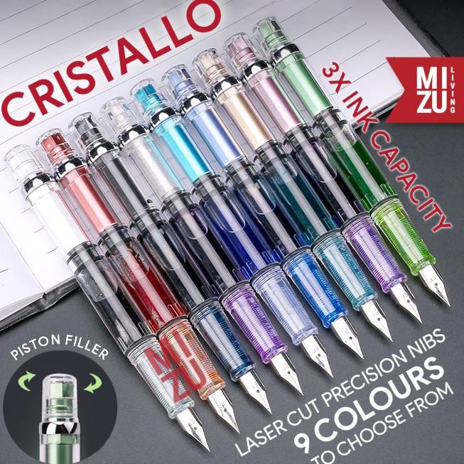 

MIZU CRISTALLO PISTON FOUNTAIN PEN 9 COLOURS HIGH INK CAPACITY STAINLESS STEEL NIB TERLARISS...,,,,,