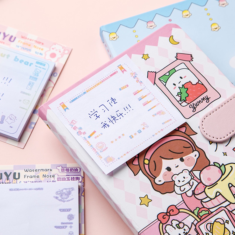 50lembar Kartun Watermark Bingkai Sticky Notes Mahasiswa Portable Mini Memo Pad