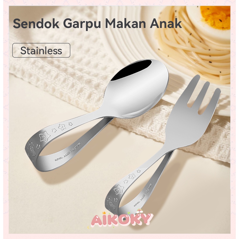 AIKOKY Sendok Makan Anak Training Spoon Stainless Sendok Garpu Anak Set